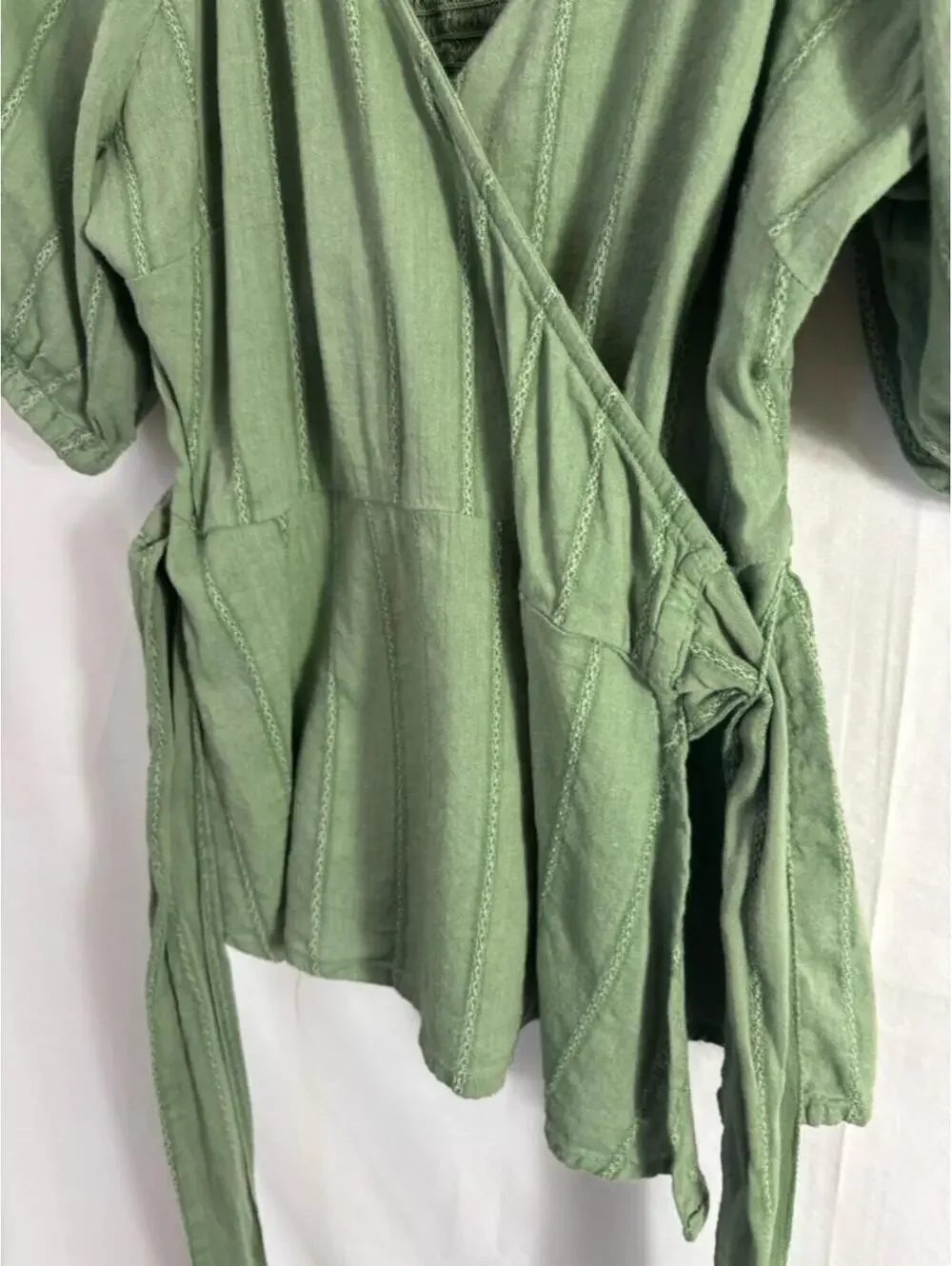 Sage Green Cotton V‎ Neck Babydoll Puff Sleeve Boho Whimsy Wrap Top Size XS-M